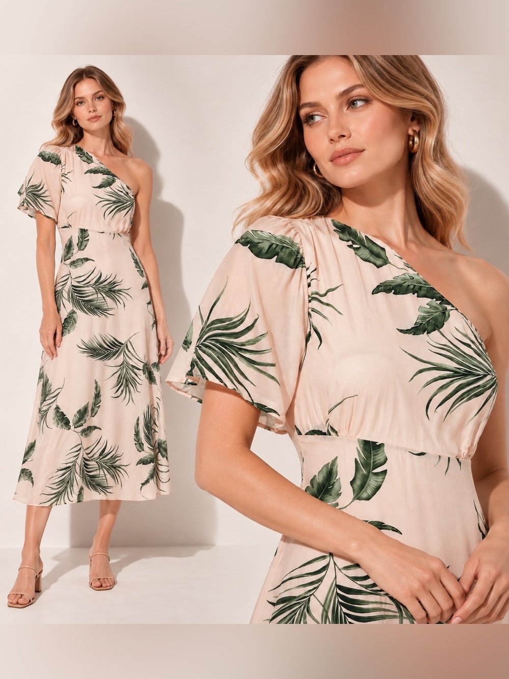 KAOS One Shoulder Tropical Palm Print Midi Dres Beige Botanical Resort Wedding S